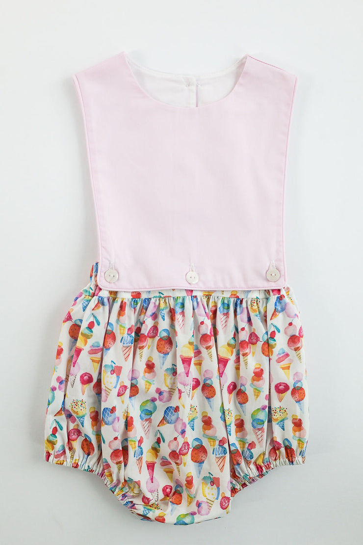 Button On Sun Suit in Watercolor Cones (#82) with Pink Nano (#61), Size 3t