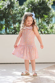 Becky Dress in Sadie Rose Liberty (#49) with Blue Superfine Twill (#36) and Pink Lace (Trim D)