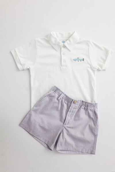 Boy Pima Polo in White with Trout Embroidery, Size 6