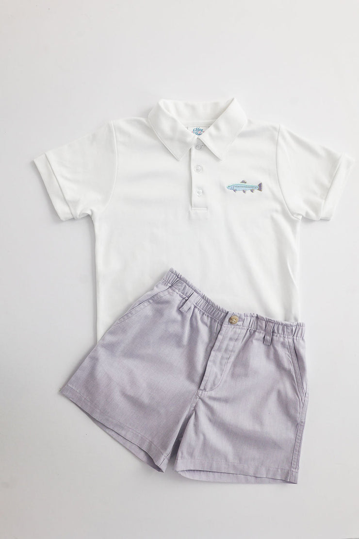 Boy Pima Polo in White with Trout Embroidery, Size 6