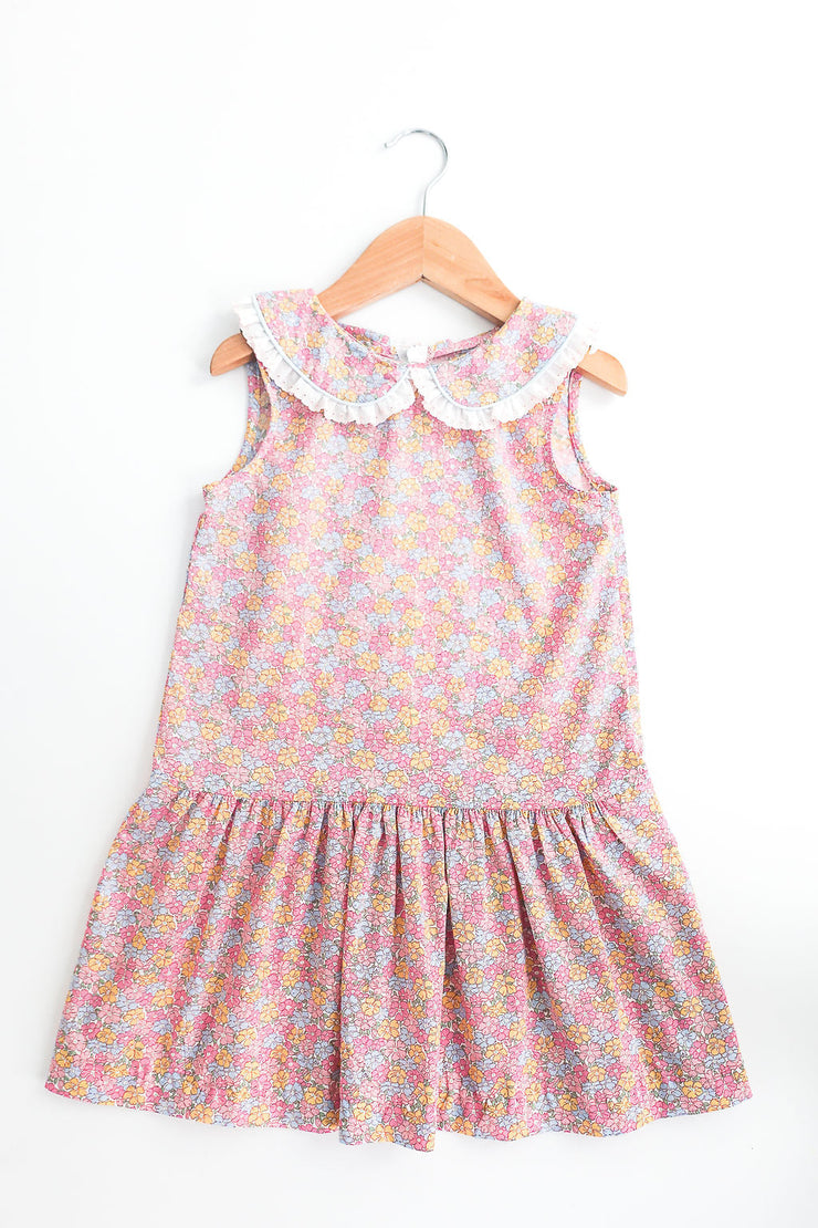 Becky Dress in Sadie Rose Liberty (#49) with Blue Superfine Twill (#36) and Pink Lace (Trim D)