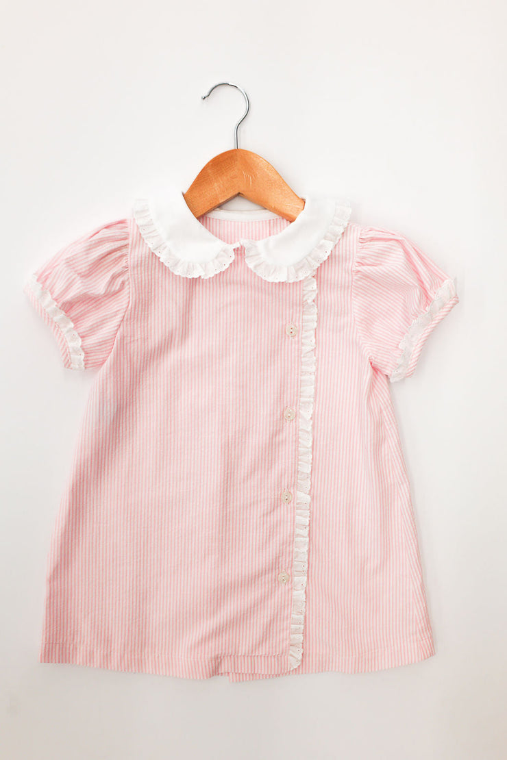 Aubrey Dress in Pink Stripe Seersucker (#25) with White Pique (#37) and Small White Lace (Trim B)