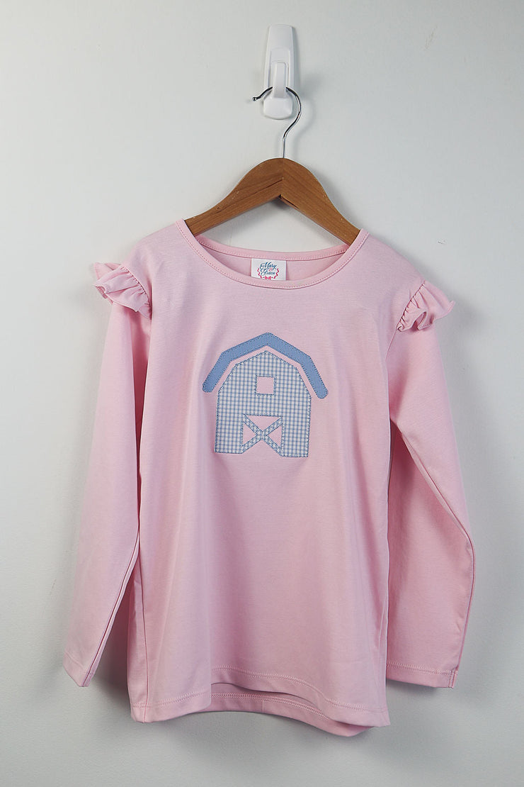 Girl Flutter Pima Tee in Pink with Barn Applique, SIZE 7