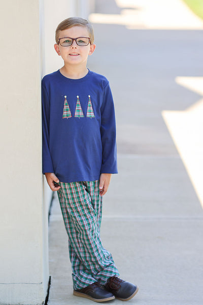 Boy Pima Tee in Navy with Christmas Tree Applique, SIZE 6