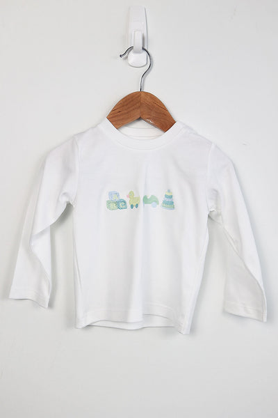 Boy Pima Tee in White with Vintage Toy Embroidery, SIZE 18M